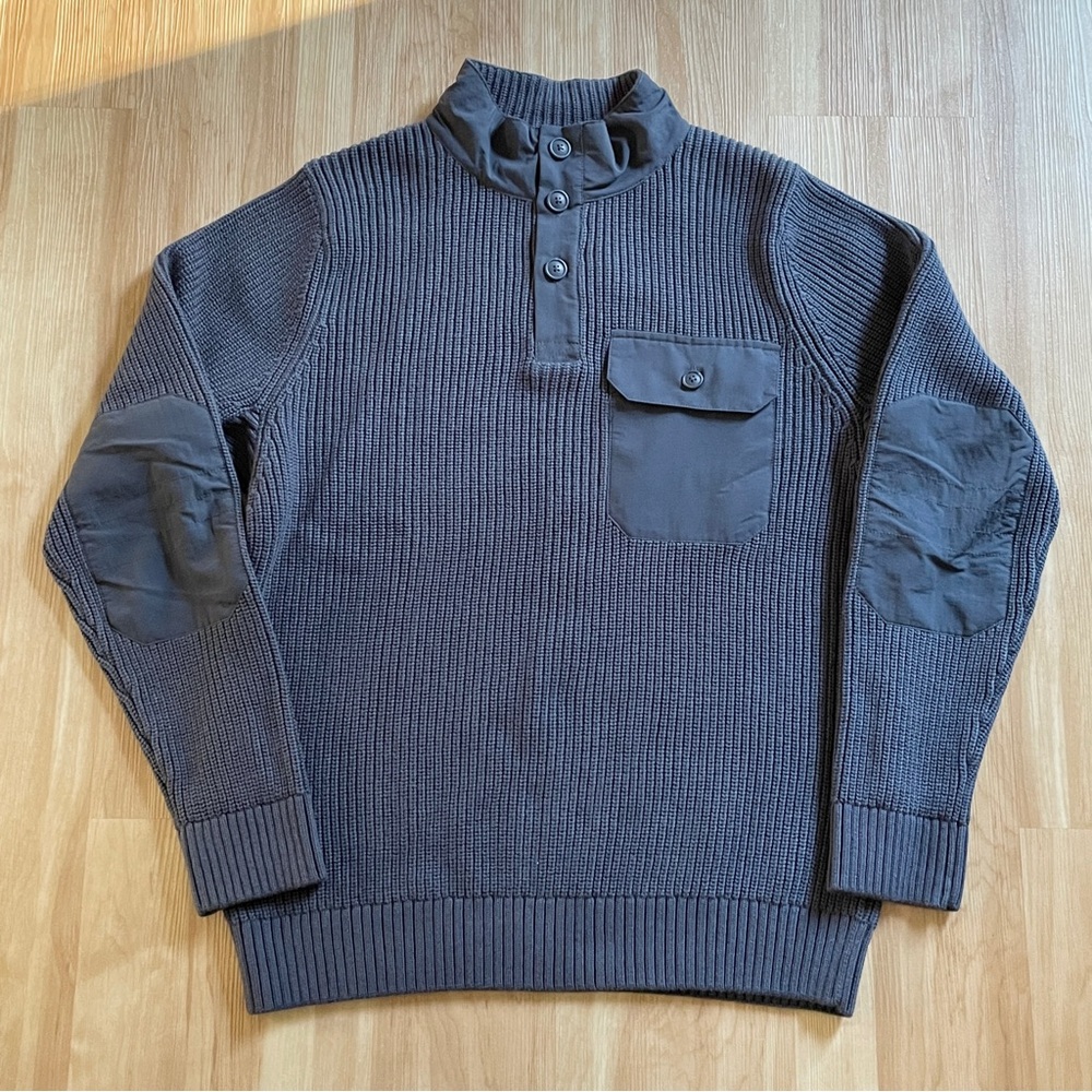 Duluth Trading Brigadier Sweater Men's Medium Gray Button Mock Elbow Patch NWT